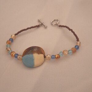 Artisan Beaded Kazuri Ceramic Bead and Blue Brown Glass Crystal Bracelet